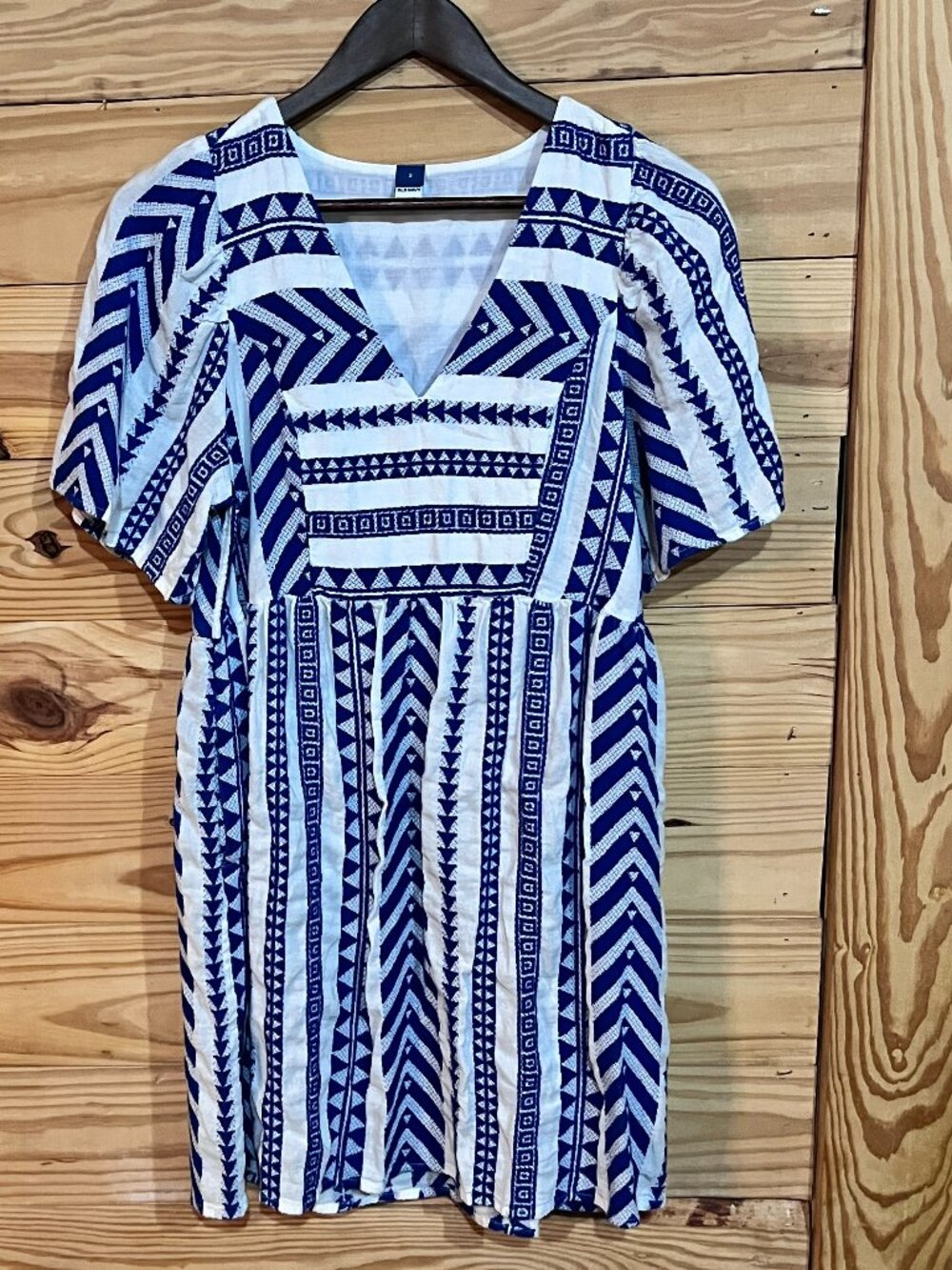 Old Navy Jacquard Mini Swing Dress Short Sleeve Women's Geometric Blue White S - Picture 3 of 5